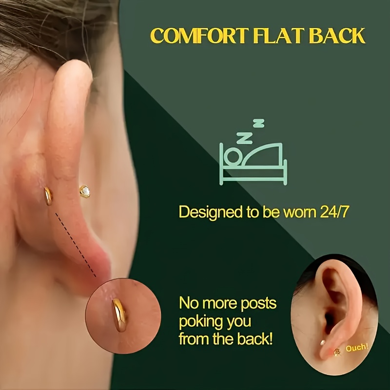 6pcs 16G Flat Back Earrings Studs Cartilage Jewelry 316L Stainless Steel